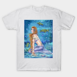 Dreaming on aquamarine tides mermaid by Renee Lavoie T-Shirt